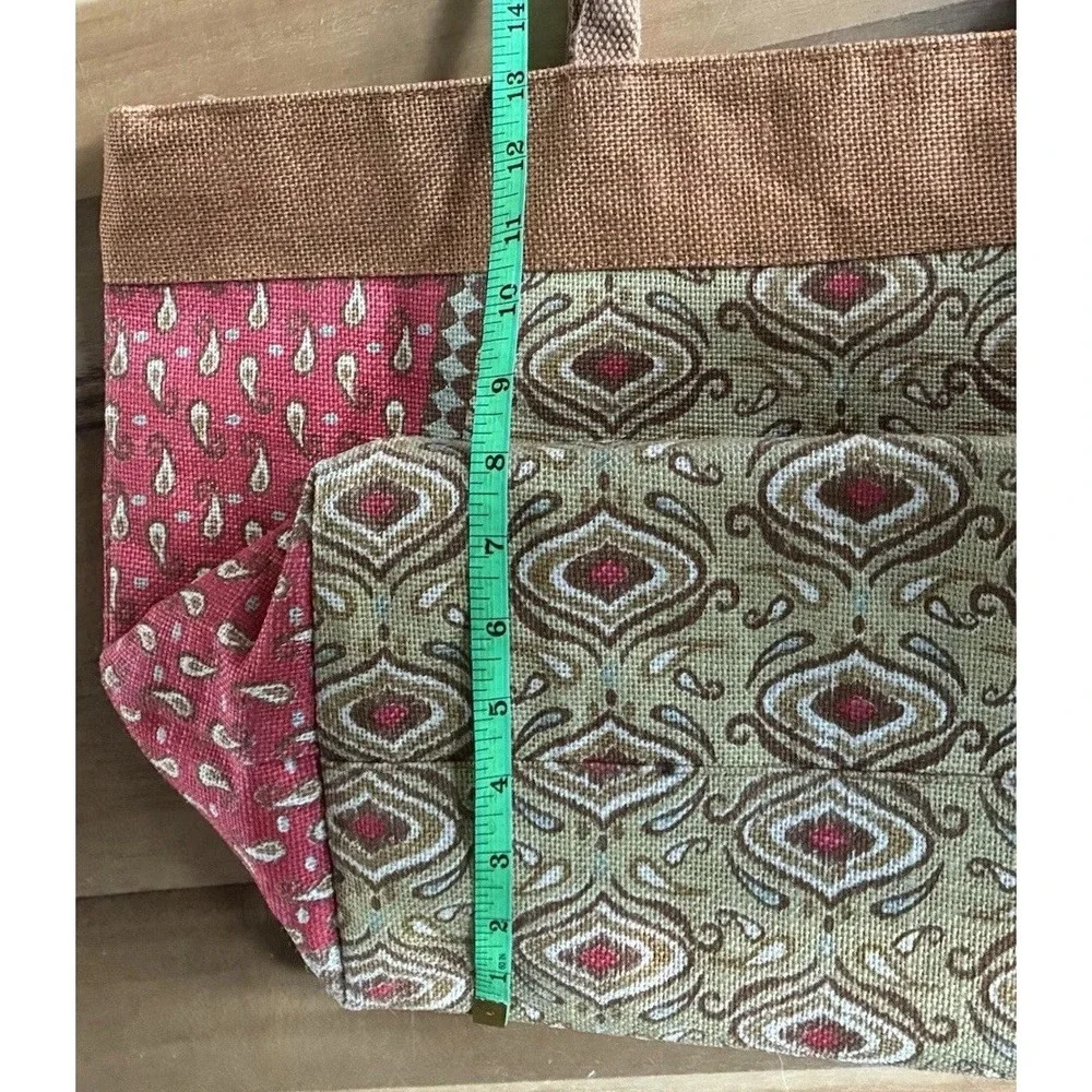 Style 101 Jute Burlap Tote Bag Red Paisley Boho Zip Top Shoulder Beach Large